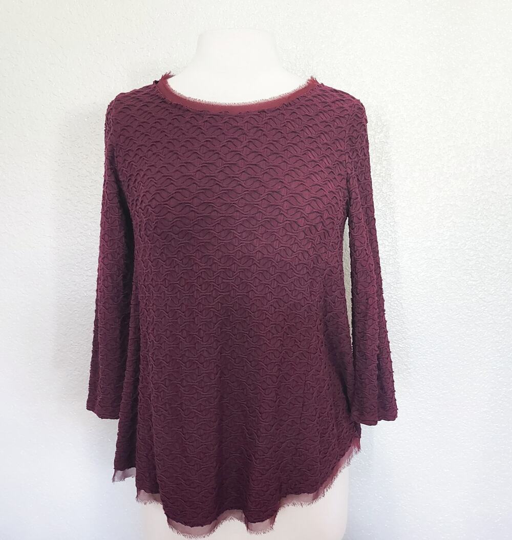 Postcard Maroon Textured Long Sleeve Floral Blouse Size M